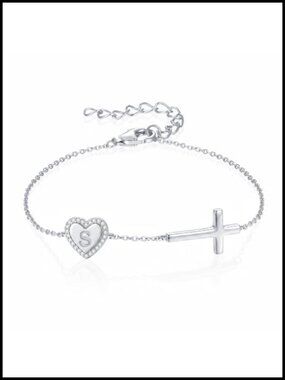 Sterling Silver Initial Cross Bracelet Dainty Heart Name Letter Women
